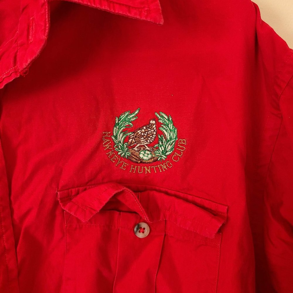 Vintage Men's Short Sleeve Casual Button Down Red Hawkeye Hunting Club Size XL